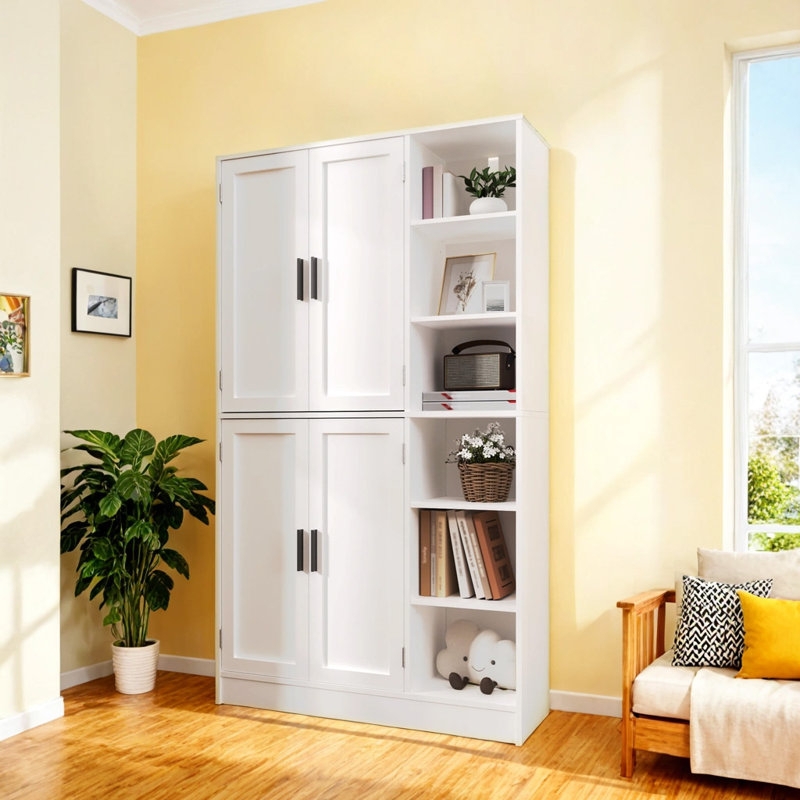 Storage Cabinet Shaker Style with Open Side Shelving and Black Handles