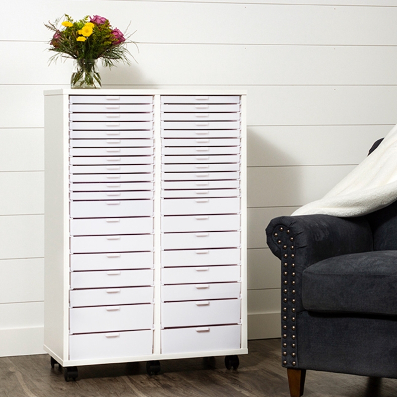 Storage Cabinet: White Double Column Mobile Unit with Thirty Drawers