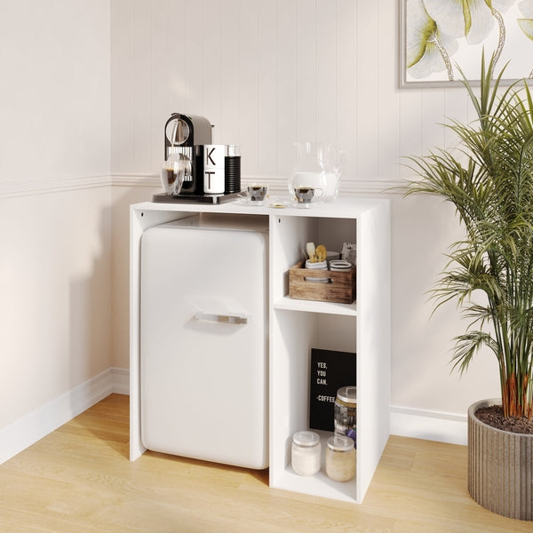 Storage Cabinet with Open Cubby Storage and Fridge Compartment
