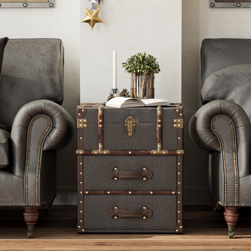 Storage Chest Table Buckle Hinged Top Charcoal Linen Three Drawers Trunk