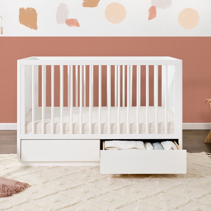 Storage Crib Matte White Plinth Base Minimalist Nursery Design