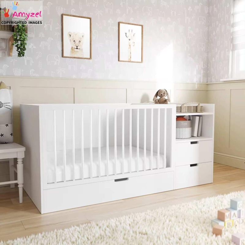 Storage Crib White Painted Open Shelving Integrated Nursery Design
