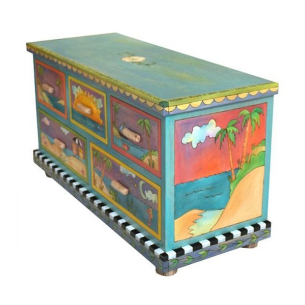 Storage Dresser Whimsical Tropical Scenes with Checkered Trim