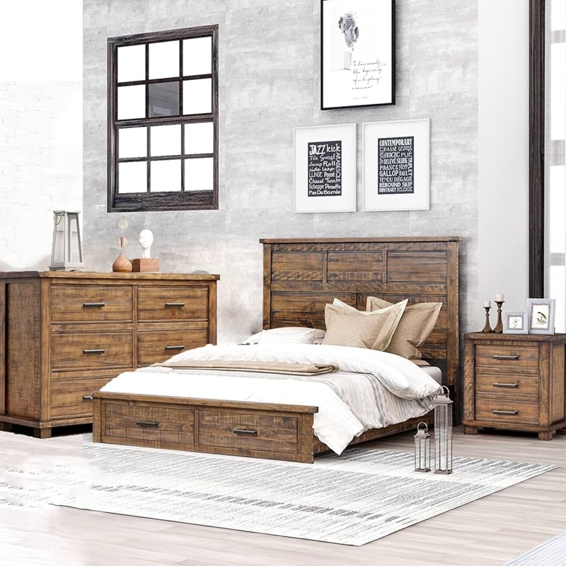 Storage Footboard Bed Design Set: Rustic Farmhouse in Distressed Wood