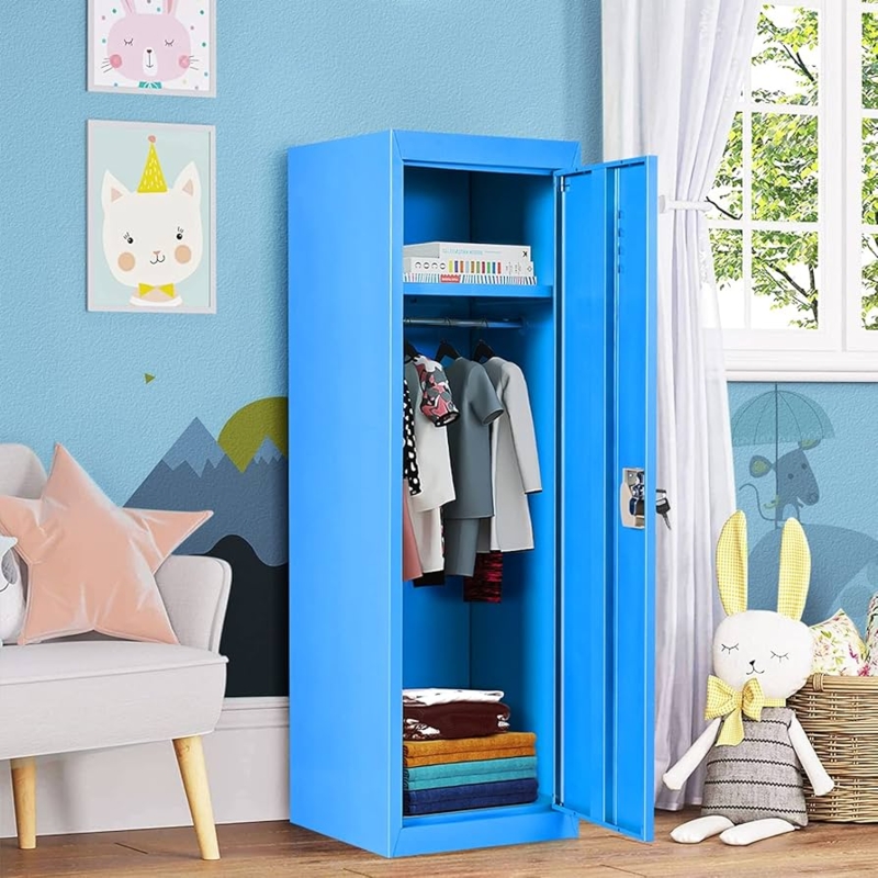 Storage Locker with Hanging Rod, Slim Blue Metal Cabinet