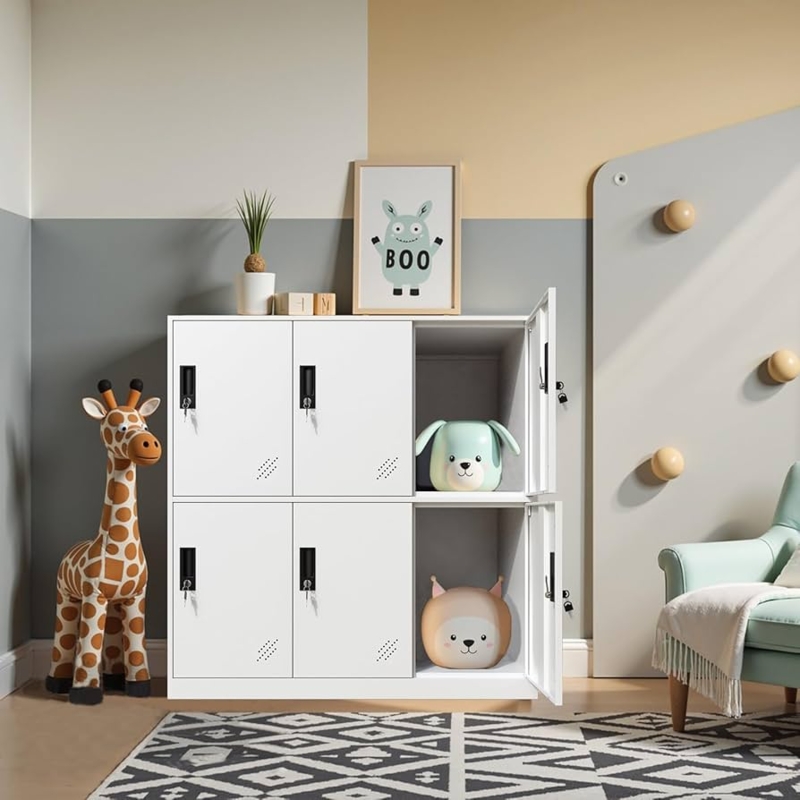 Storage Locker with Six Compartments, White Metal Cabinet