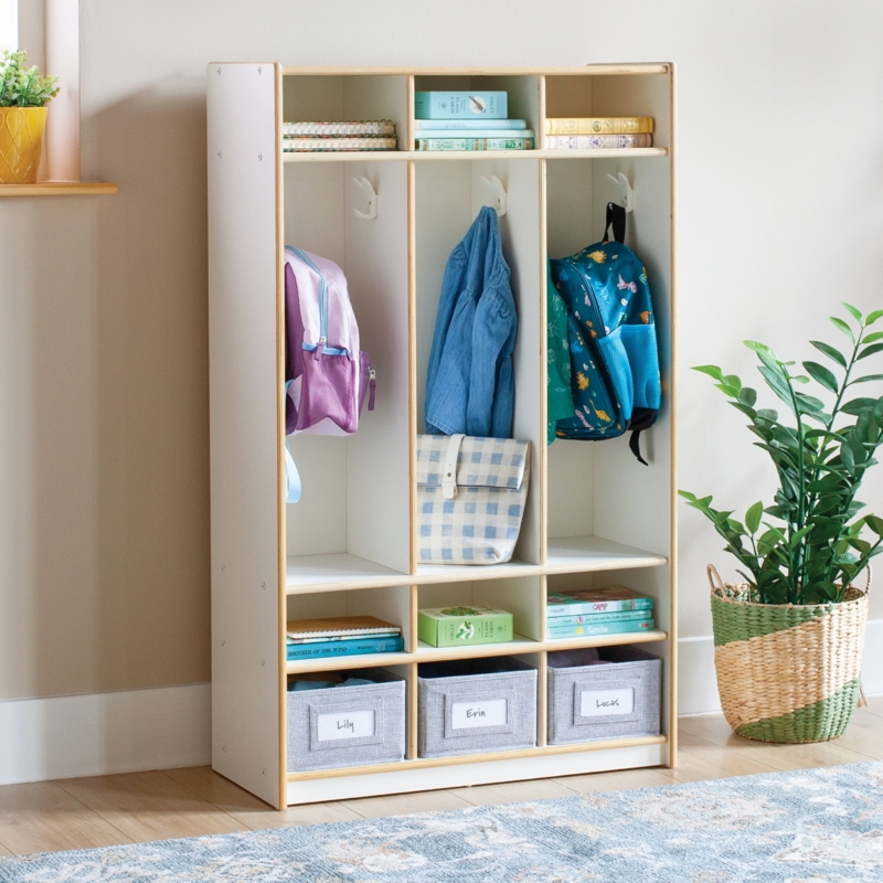 Storage Locker: Wood Toned Trim and Name Label Bins, White Mudroom Unit