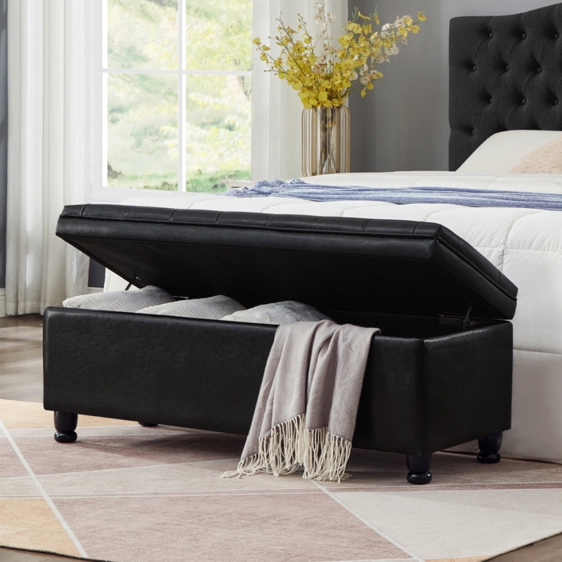 Storage Ottoman Black Tufted Spindle Wooden Legs Hinged Top Traditional