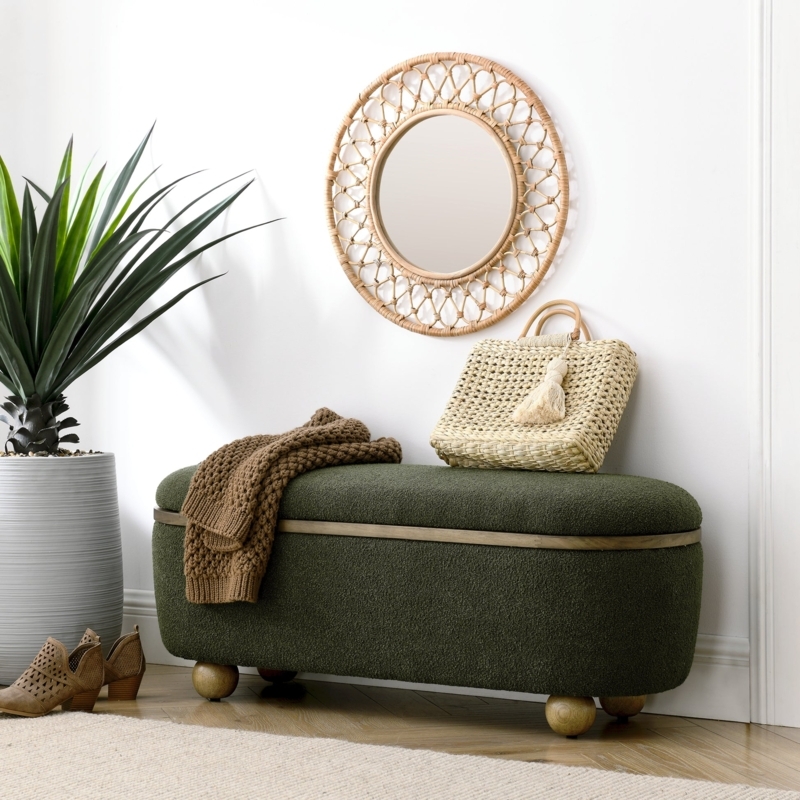 Storage Ottoman Oversized Ball Feet Forest Green Boucle Organic Modern