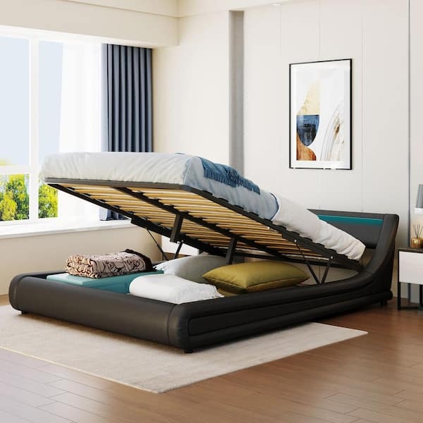 Storage Platform Bed Black Gas Lift Mechanism Wave Side Rails LED Accent