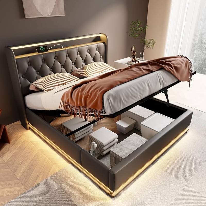 Storage Platform Bed Charcoal Black Wingback Design Gold Metallic Trim