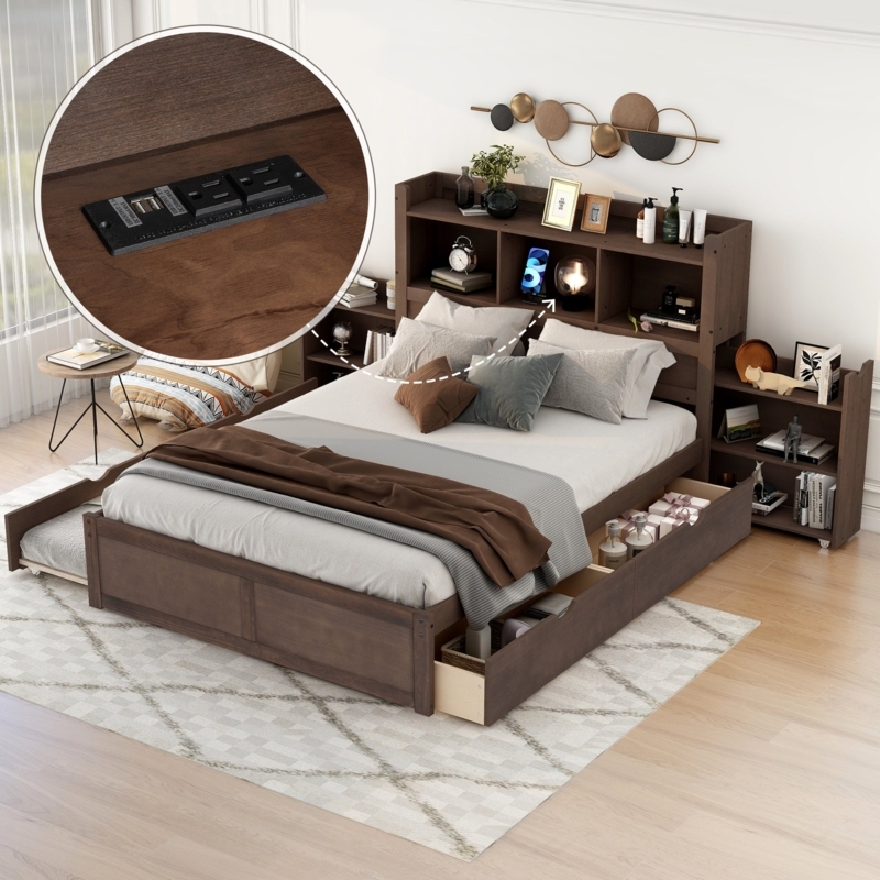 Storage Platform Bed Espresso Finish with Pull Out Shelves and USB
