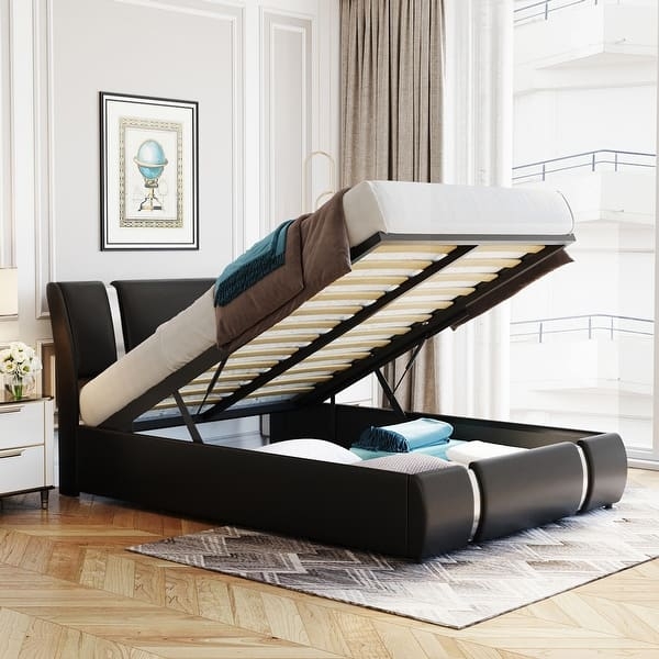 Storage Platform Bed Hydraulic Lift Curved Footboard Wingback Headboard