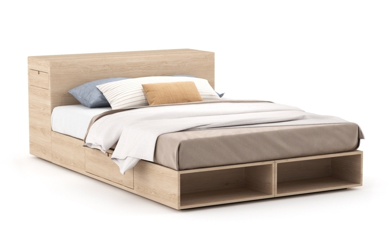 Storage Platform Bed Light Oak Integrated Headboard Storage