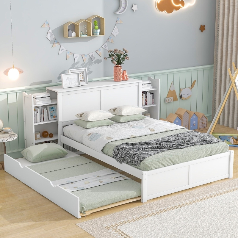 Storage Platform Bed White with Unique Pull Out Side Shelves