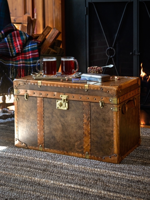 Storage Trunk Cognac Leather Nailhead Trim English Style Coffee Table