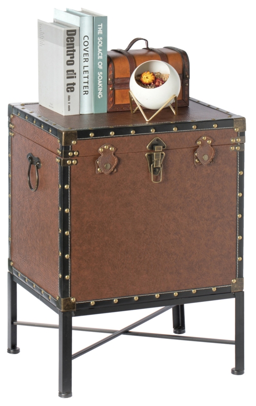 Storage Trunk End Table X-Frame Stand Lockable Latch Studded Trim Cognac
