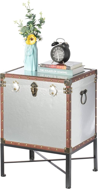 Storage Trunk Metallic Silver Body Riveted Leather Trim Elevated Stand