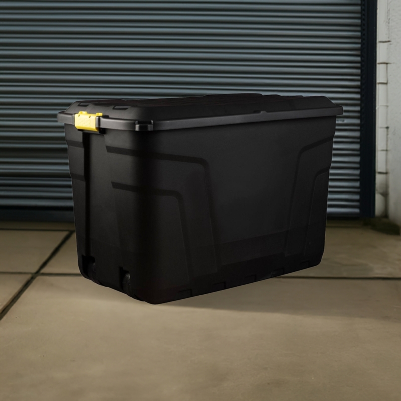 Storage Trunk: Stackable Black Garage Tote with Yellow Latches