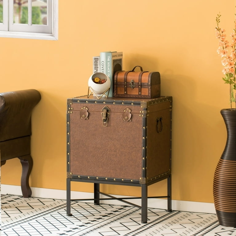 Storage Trunk X-Frame Base Nailhead Trim Saddle Brown Faux Leather