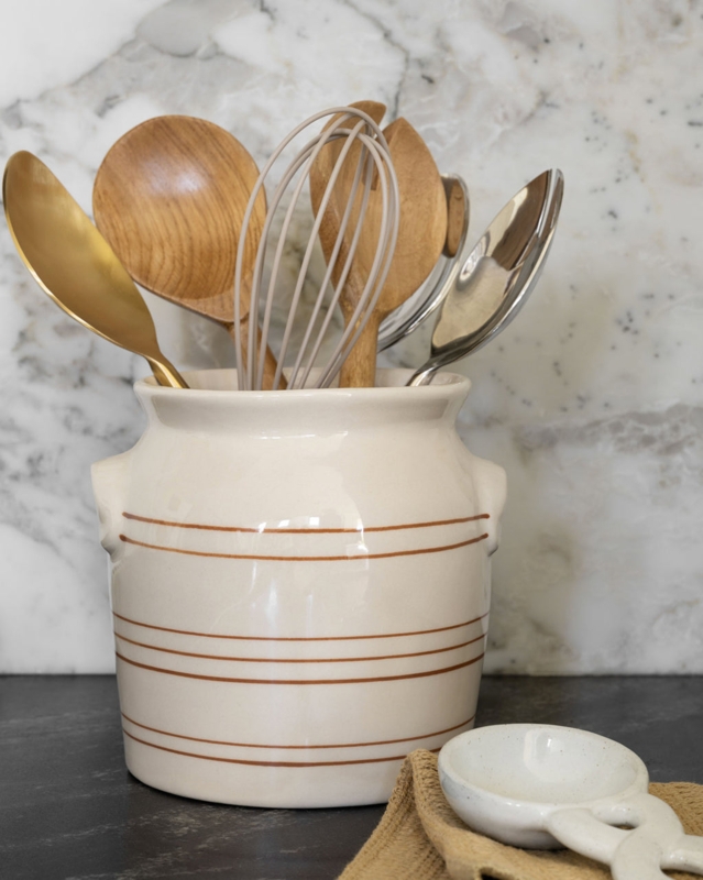 Striped Ceramic Kitchen Crock with Side Handles Cream Glaze
