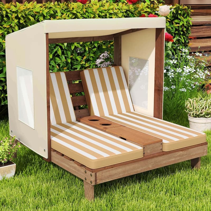 Striped Double Chaise Honey Wood Yellow White Canopy Windows