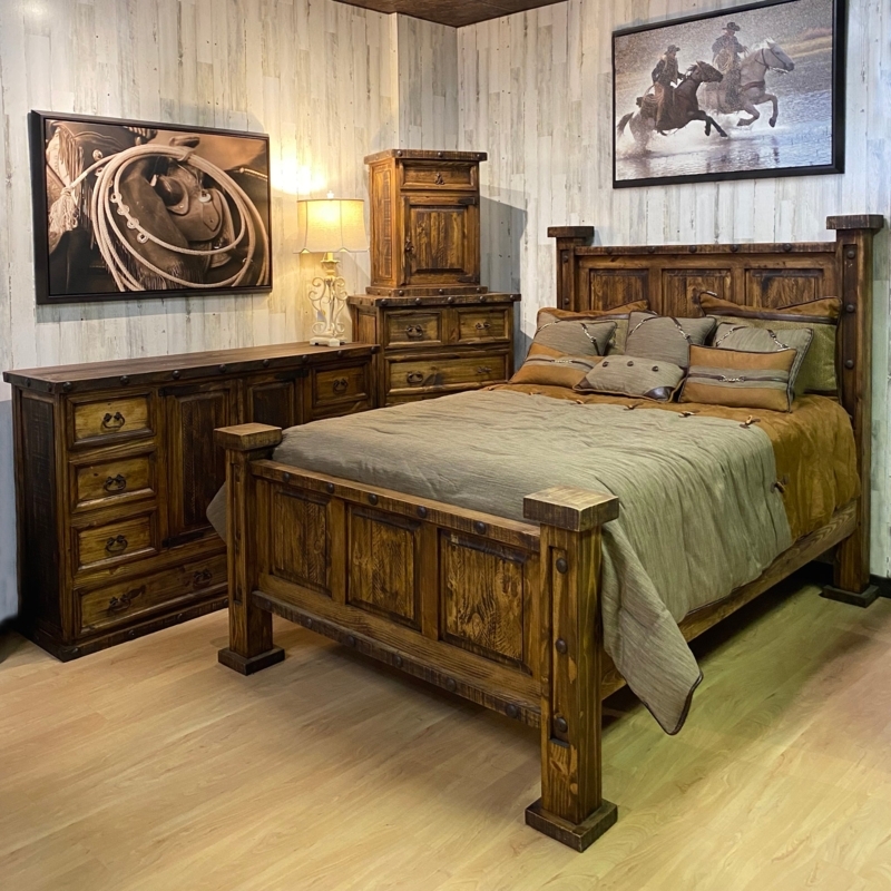 Studded Wood Bed Frame Set with Decorative Bolts and Chunky Block Legs