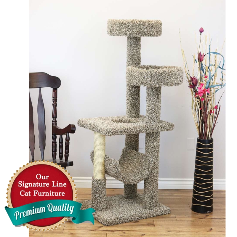 Sturdy Wood Cat Furniture Mottled Shag Carpet Curved Hammock Tiered Perches