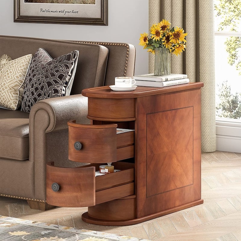Sunburst Veneer Walnut End Table with Curved Drawers