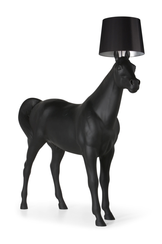 Surrealist Floor Lamp: Matte Black Equine Form, Life Sized Drum Shade