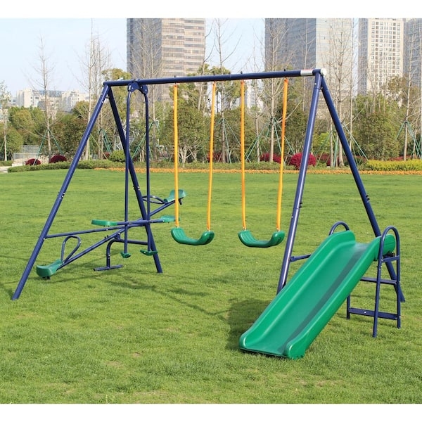 Swing Set Navy Blue Metal Frame with Integrated Teeter-Totter and Slide