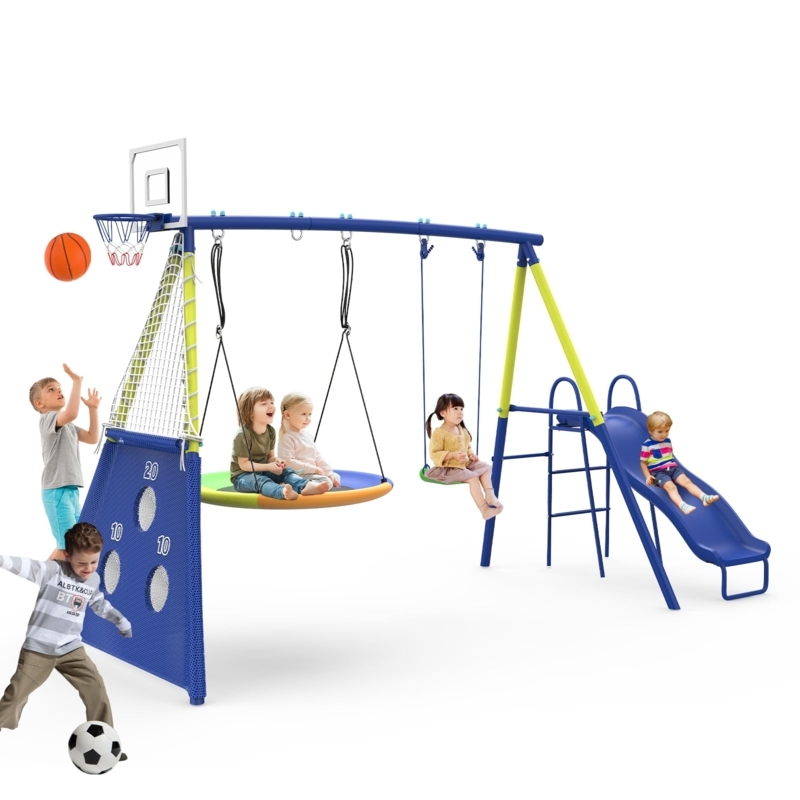 Swing Set with 5-in-1 Functionality and Basketball Hoop