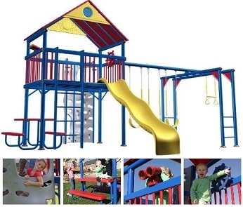 Swing Set with Integrated Picnic Table and Primary Color Palette