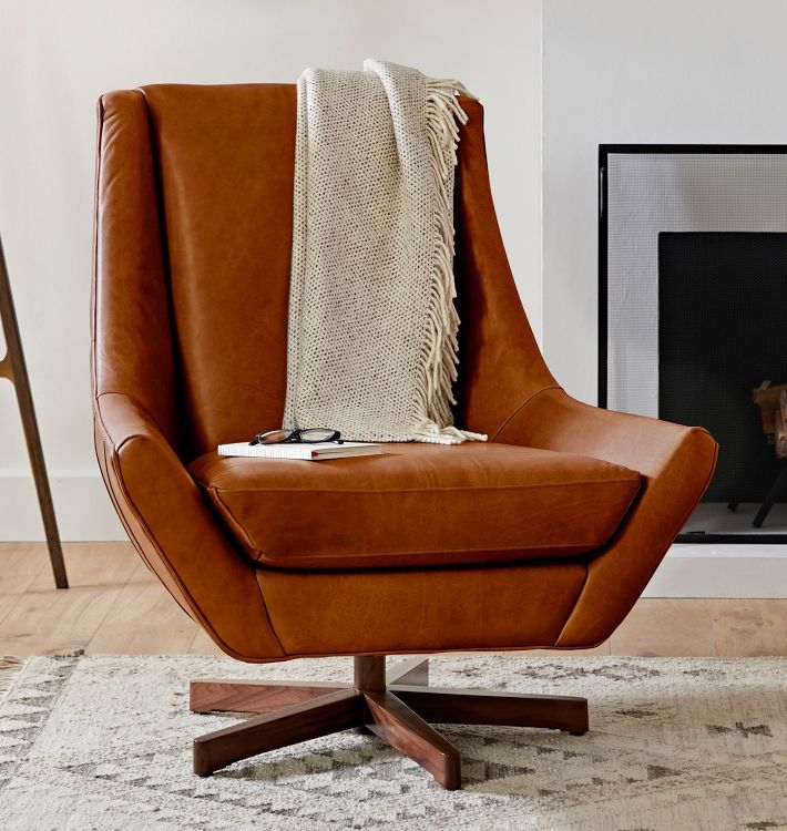 Swivel Accent Chair Four Star Base Walnut Wood Mid Century Nook