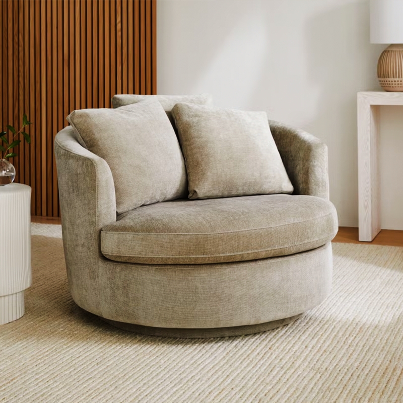Swivel Armchair Hidden Base, Oversized Seat, Textured Taupe Fabric