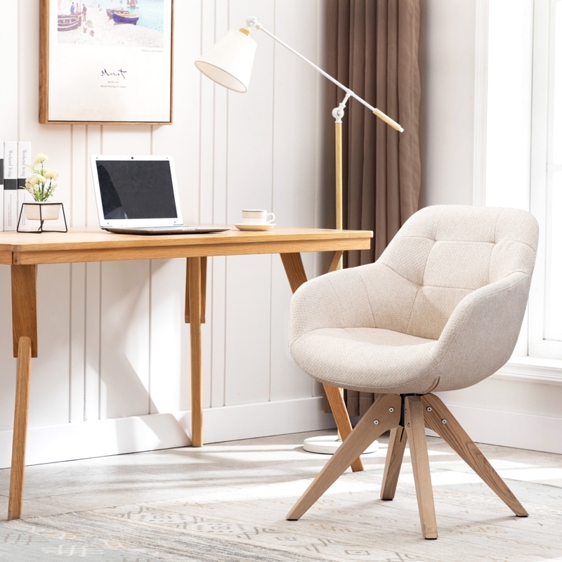 Swivel Armchair Wooden Base, Cream Textured Fabric, Tufted Backrest