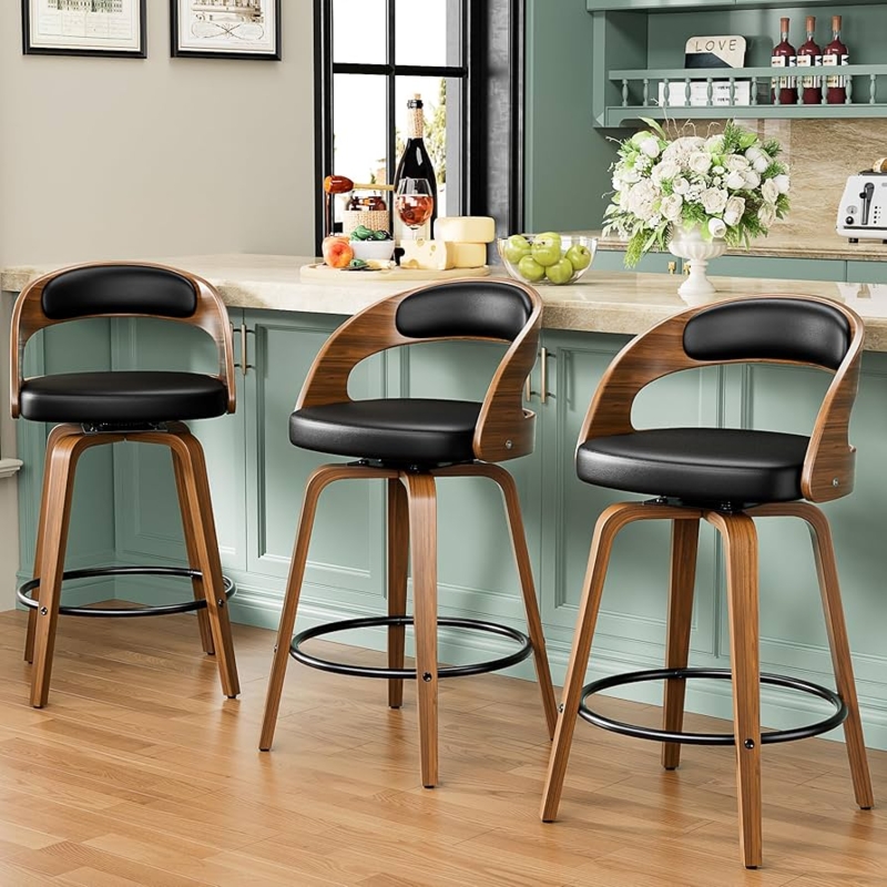 Swivel Bar Stool Curved Bentwood Frame Walnut Tone Upholstered