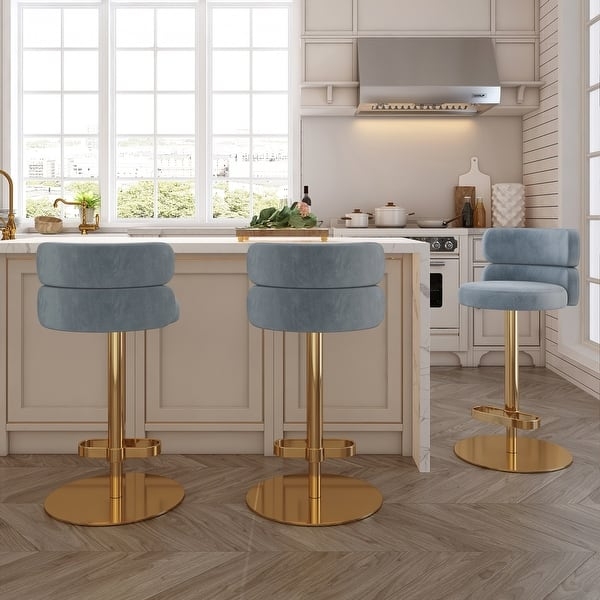 Swivel Bar Stool on Polished Gold Pedestal Base in Dust Blue
