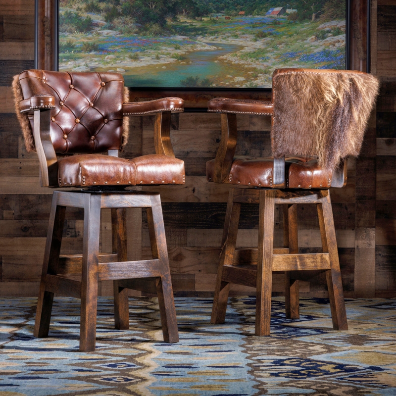 Swivel Bar Stool Tufted Buffalo Hide Western Ranch Style