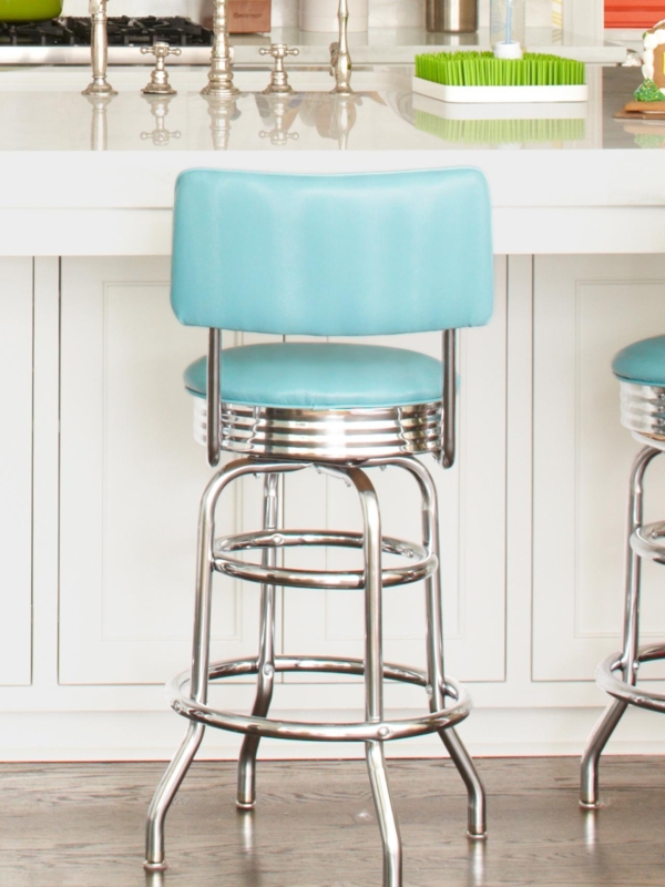 Swivel Bar Stool Turquoise Vinyl Ribbed Chrome Apron Retro