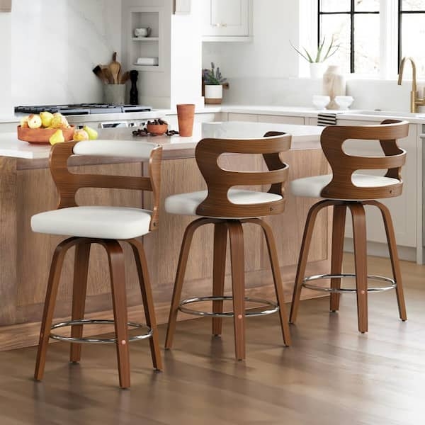 Swivel Bar Stools with Curved Open Back and Walnut Finish, White Seat