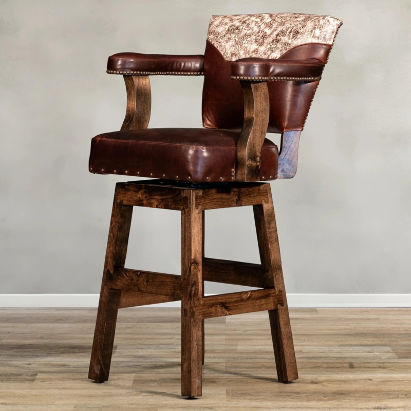 Swivel Barstool Cowhide Yoke Back Chocolate Brown Leather