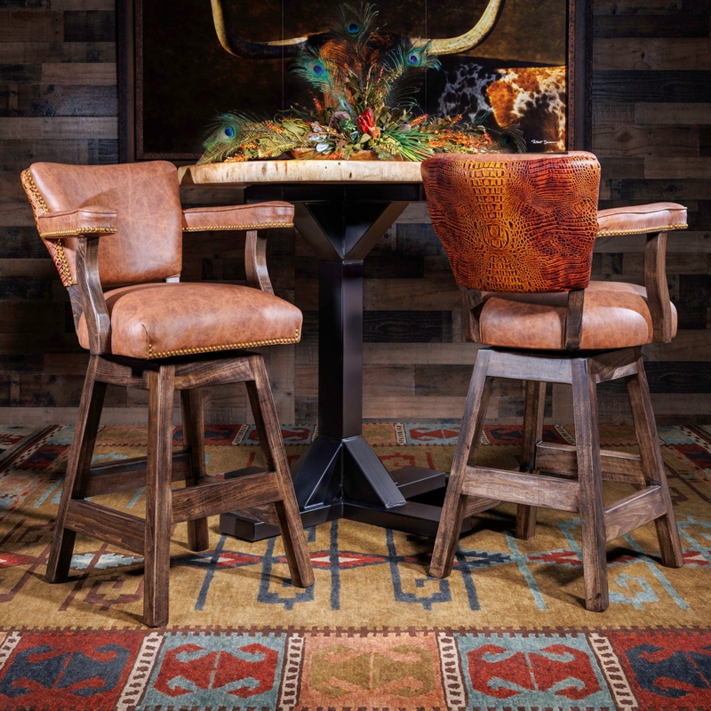 Swivel Barstool Embossed Crocodile Back Cognac Brown Brass Nailhead