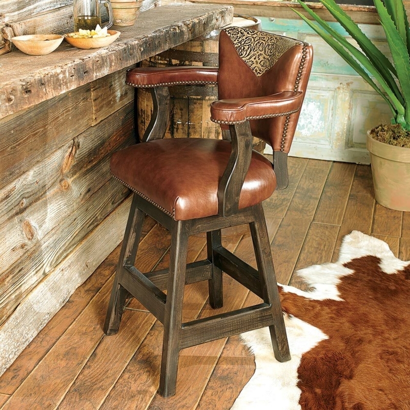 Swivel Barstool Tooled Leather Back Tobacco Brown Ranch