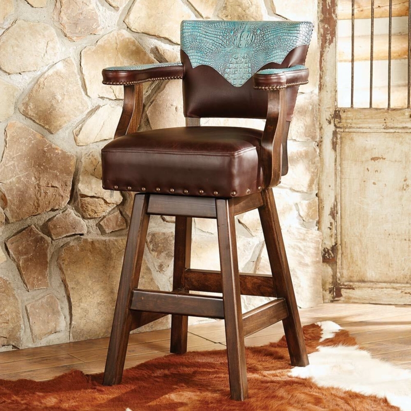 Swivel Barstool Turquoise Teal Crocodile Embossed Accents Western