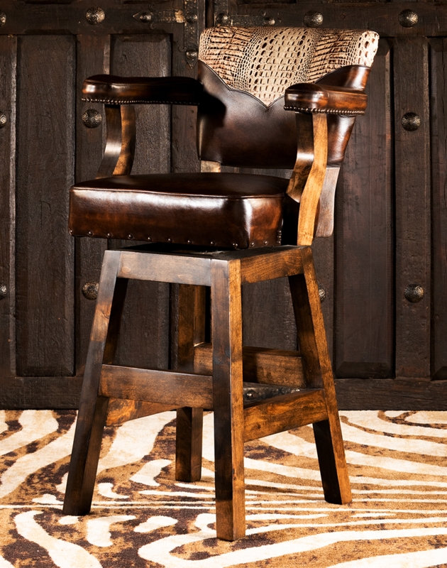Swivel Barstool with Embossed Hide Back and Curved Wood Arms
