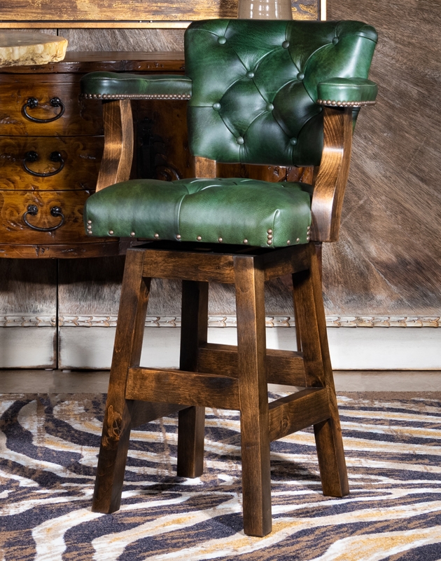 Swivel Barstool with Nailhead Trim Arms and Button Tufting