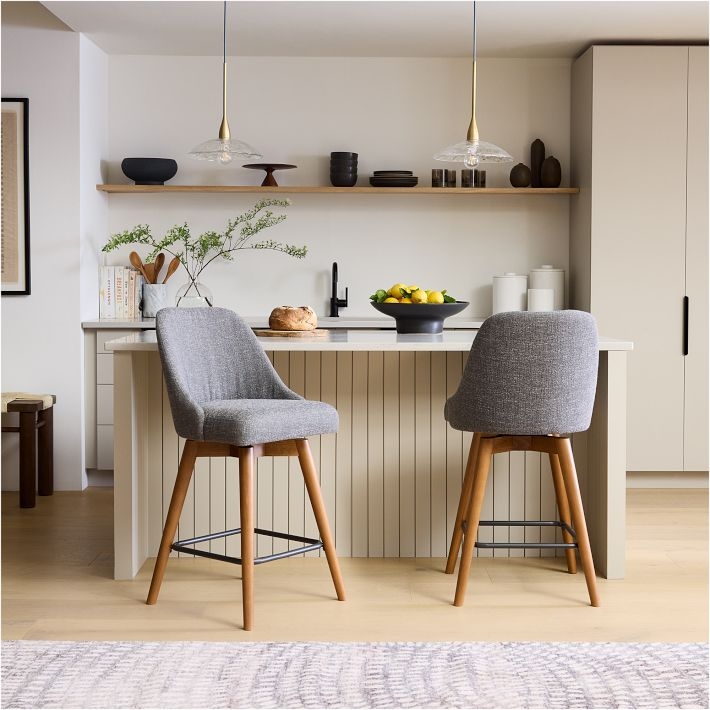 Swivel Counter Stools with Heathered Grey Bucket Seat, Acorn Finish