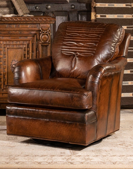 Swivel Glider Chair Distressed Leather Decorative Stitching Rustic