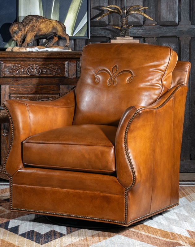 Swivel Glider Chair Vintage Tan Leather Embroidered Back Rustic